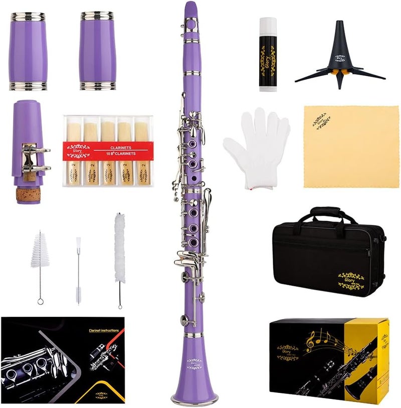 Glory GLY-CLAPUR Professional Ebonite Bb Clarinet with 10 Reeds, Stand, Hard Case, Cleaning Cloth, Mouthpiece Brush and Pad Brush,Purple/Silver - Image 1